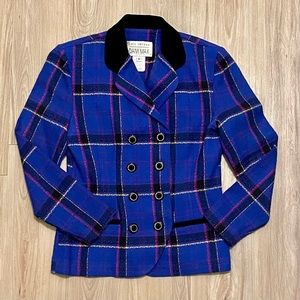 80’s Purple Plaid Women’s Blazer w/ Black Velvet Collar EUC